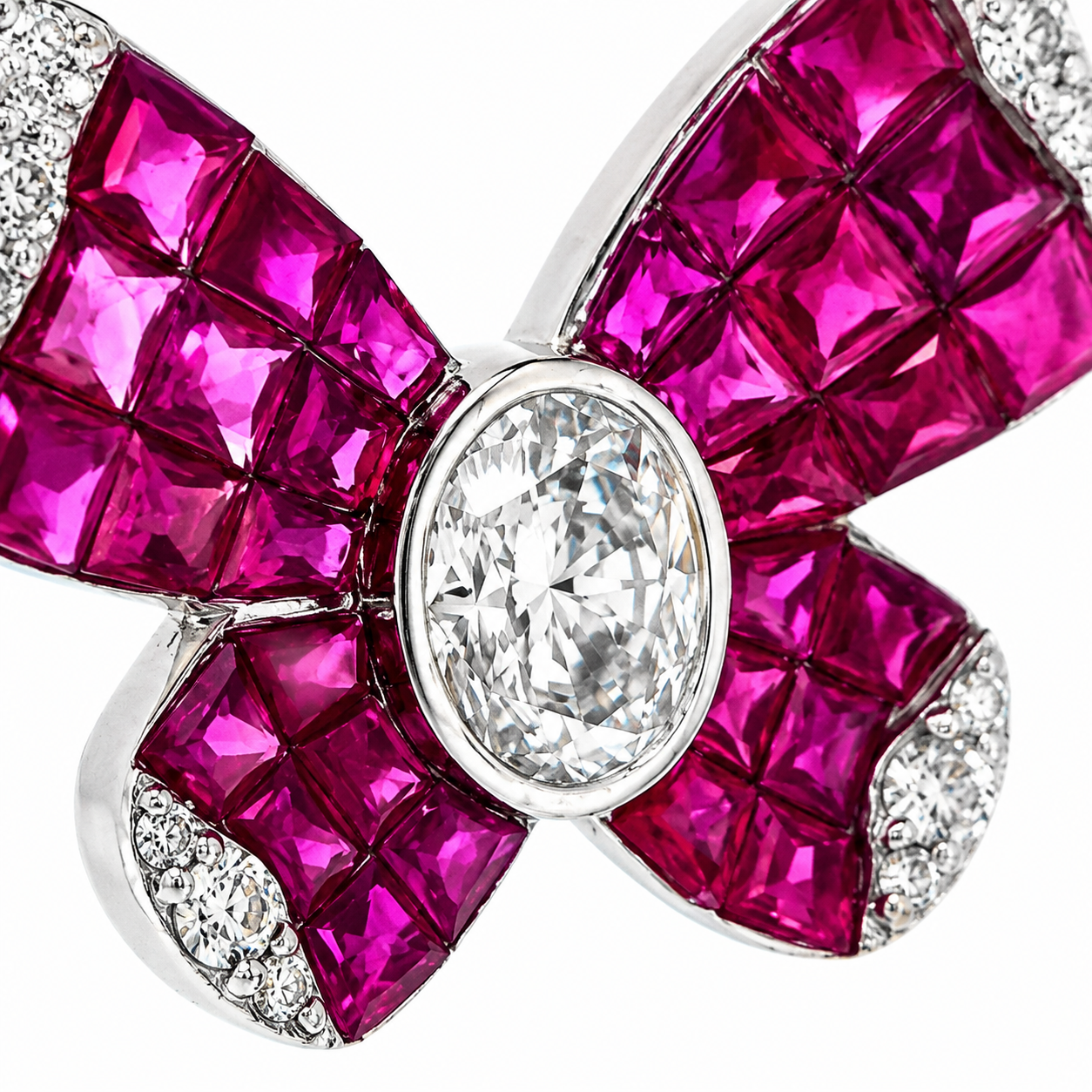 Natural Diamond and Ruby Butterfly Necklace 14KT White Gold