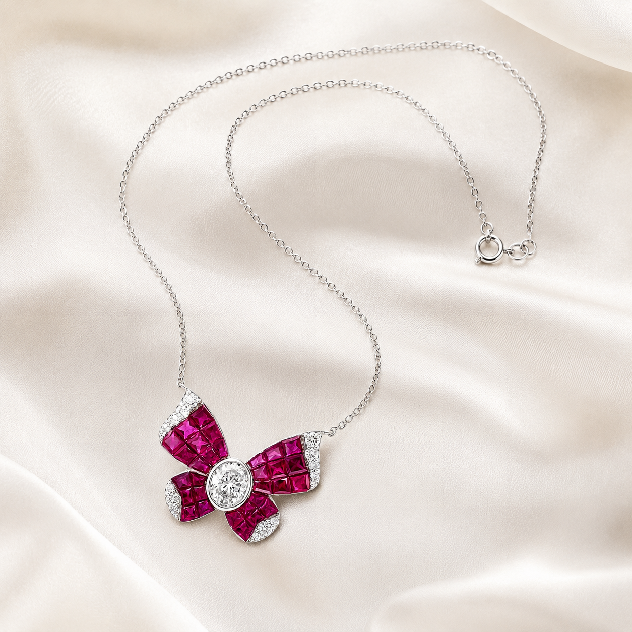 Natural Diamond and Ruby Butterfly Necklace 14KT White Gold