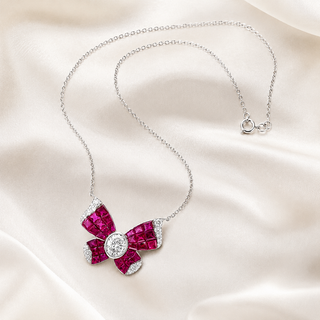 Natural Diamond and Ruby Butterfly Necklace 14KT White Gold