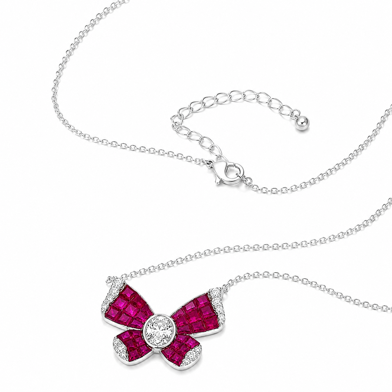 Natural Diamond and Ruby Butterfly Necklace 14KT White Gold