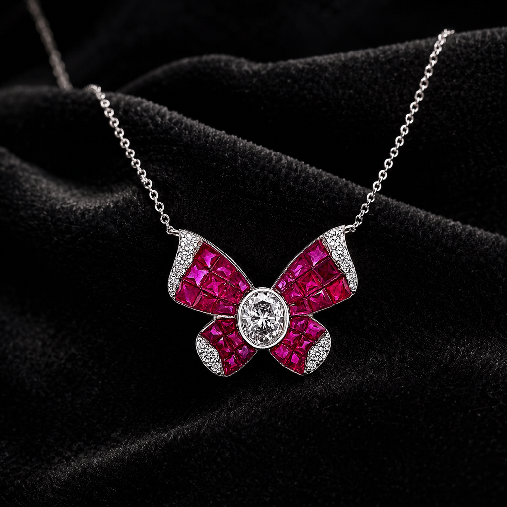 Natural Diamond and Ruby Butterfly Necklace 14KT White Gold