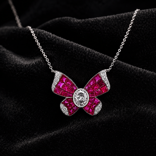 Natural Diamond and Ruby Butterfly Necklace 14KT White Gold