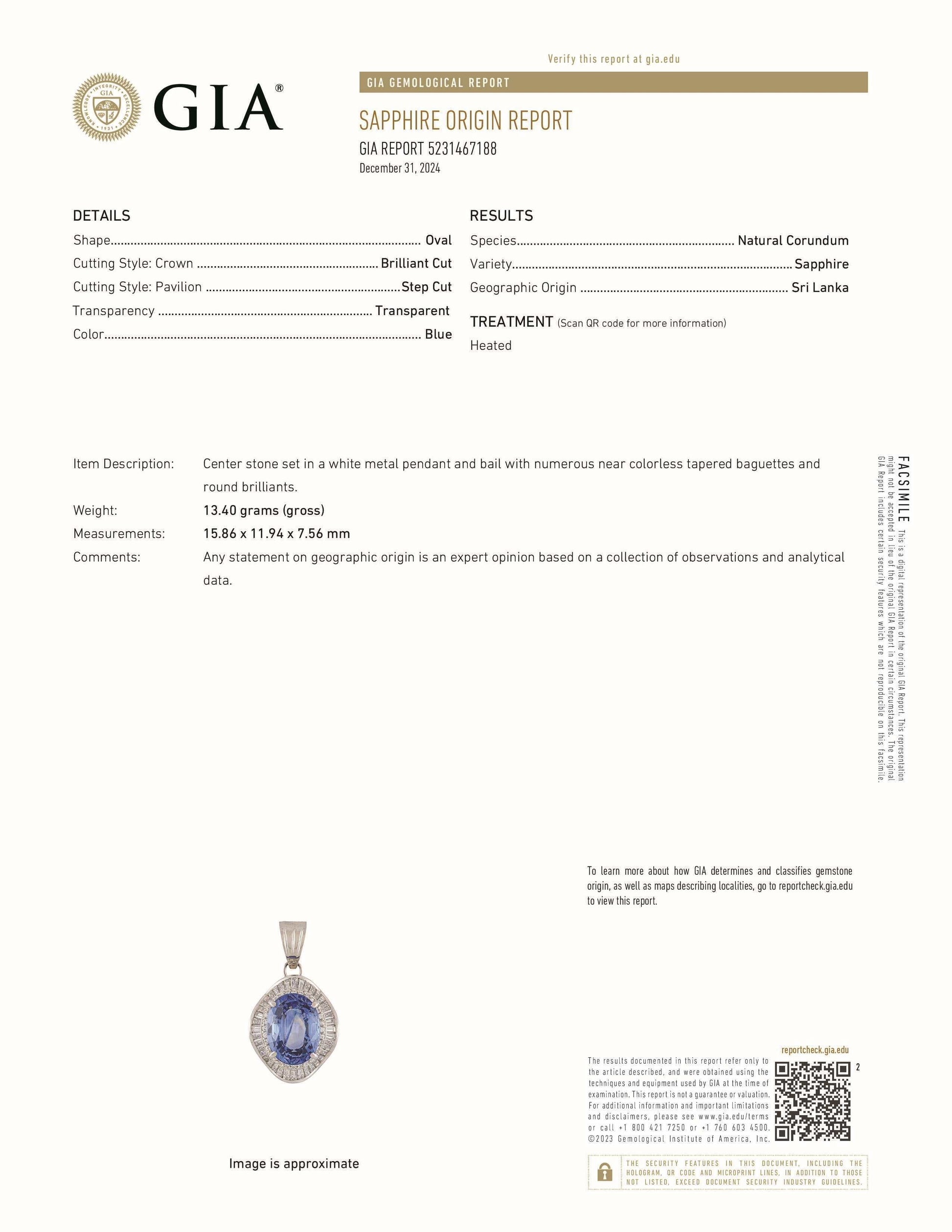 Natural Blue Cylon Sapphire and Diamond Halo Pendant Necklace in Platinum - Pre-owned