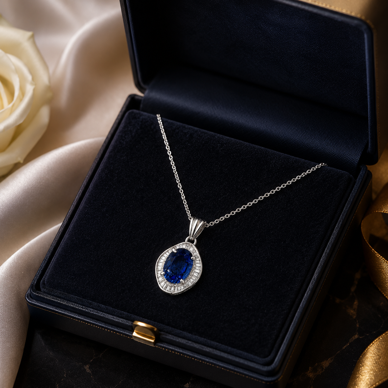 Natural Blue Cylon Sapphire and Diamond Halo Pendant Platinum