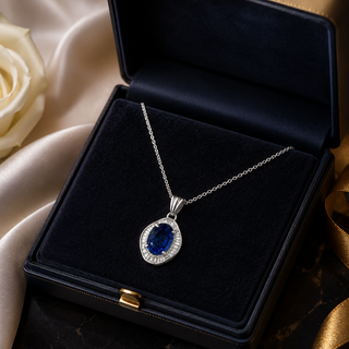 Natural Blue Cylon Sapphire and Diamond Halo Pendant Platinum