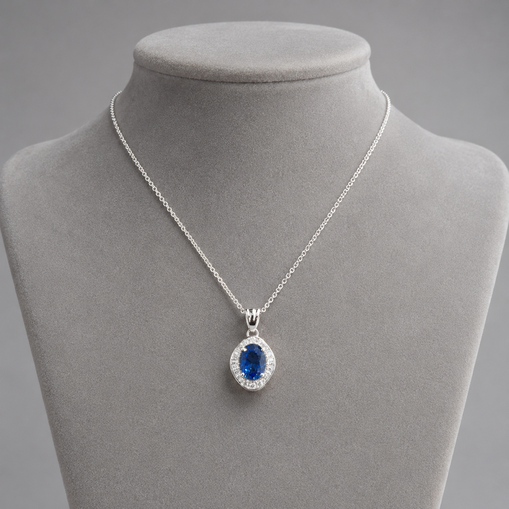 Natural Blue Cylon Sapphire and Diamond Halo Pendant Platinum