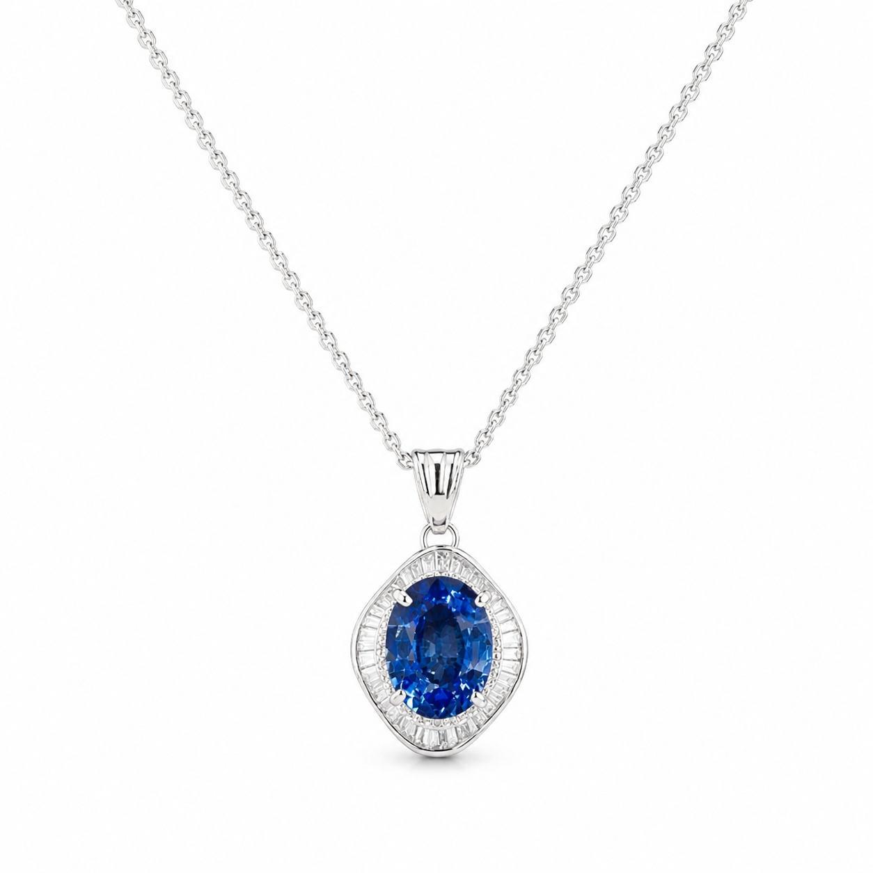 Natural Blue Cylon Sapphire and Diamond Halo Pendant Platinum