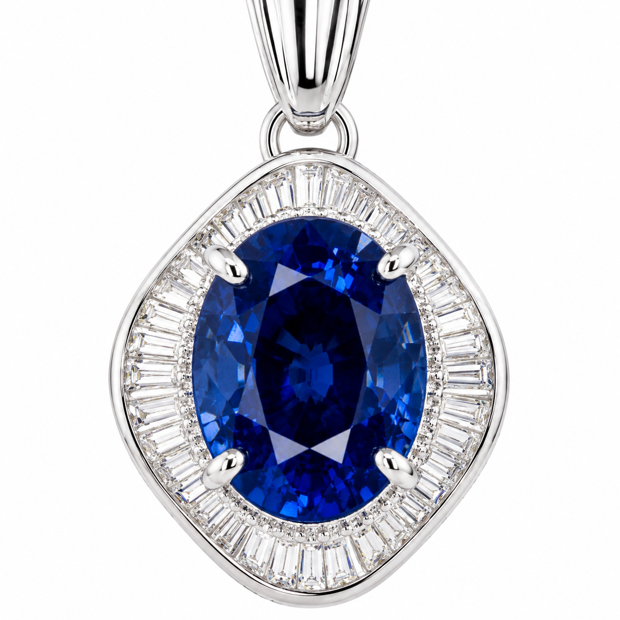 Natural Blue Cylon Sapphire and Diamond Halo Pendant Platinum