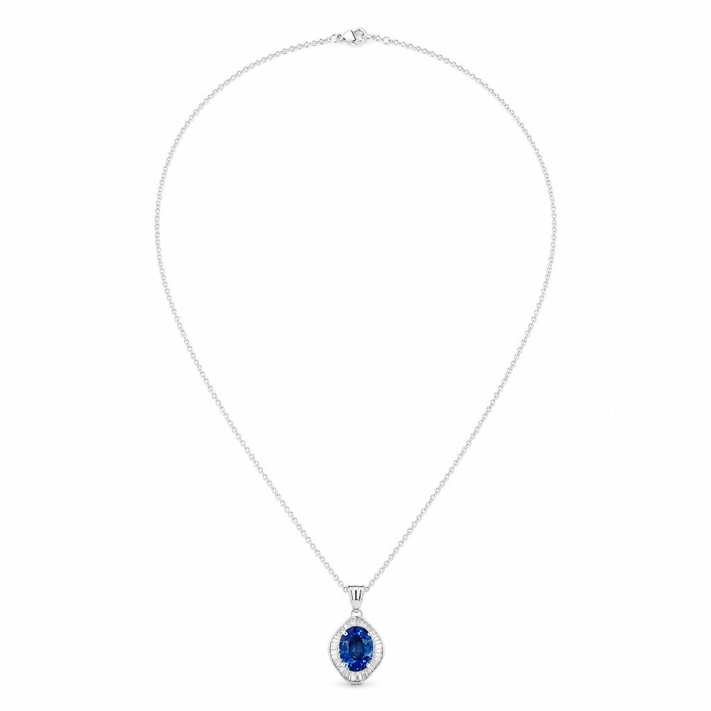 Natural Blue Cylon Sapphire and Diamond Halo Pendant Platinum