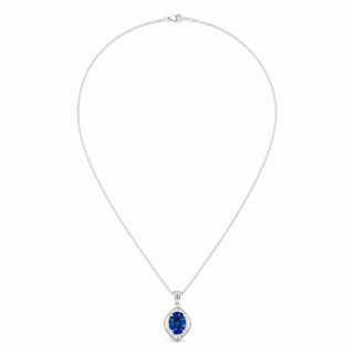 Natural Blue Cylon Sapphire and Diamond Halo Pendant Platinum