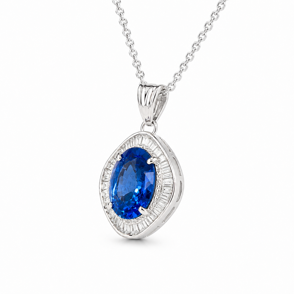 Natural Blue Cylon Sapphire and Diamond Halo Pendant Platinum