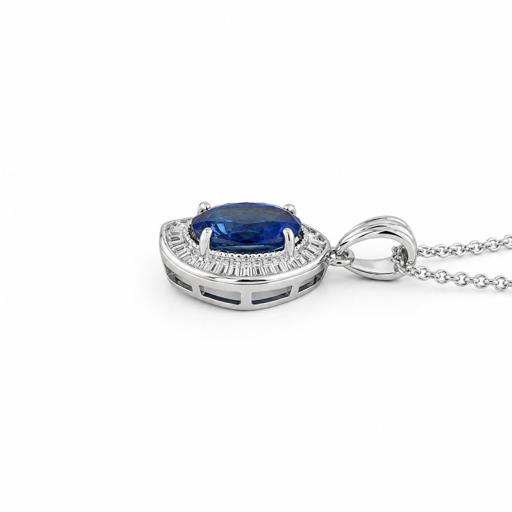 Natural Blue Cylon Sapphire and Diamond Halo Pendant Platinum