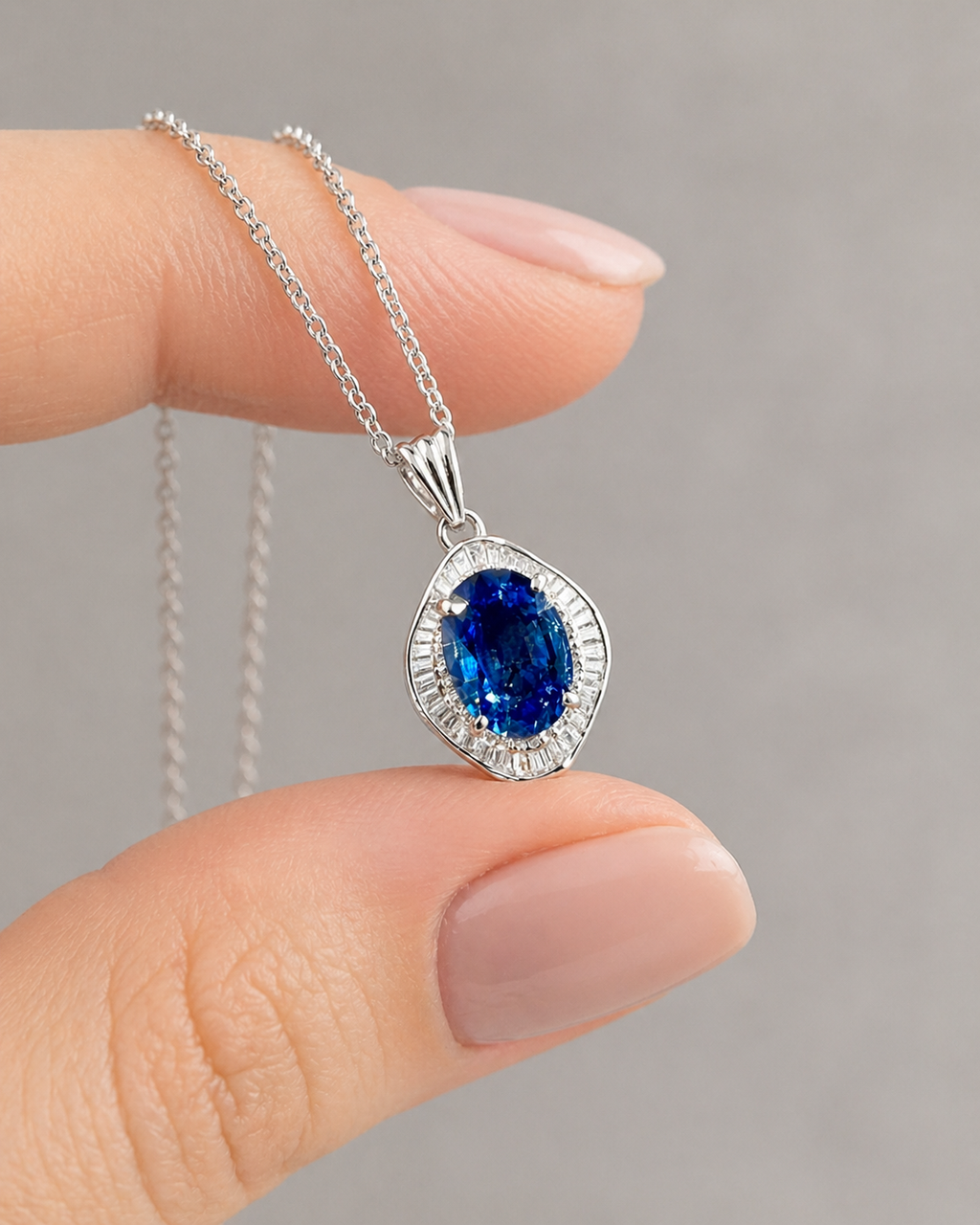 Natural Blue Cylon Sapphire and Diamond Halo Pendant Platinum