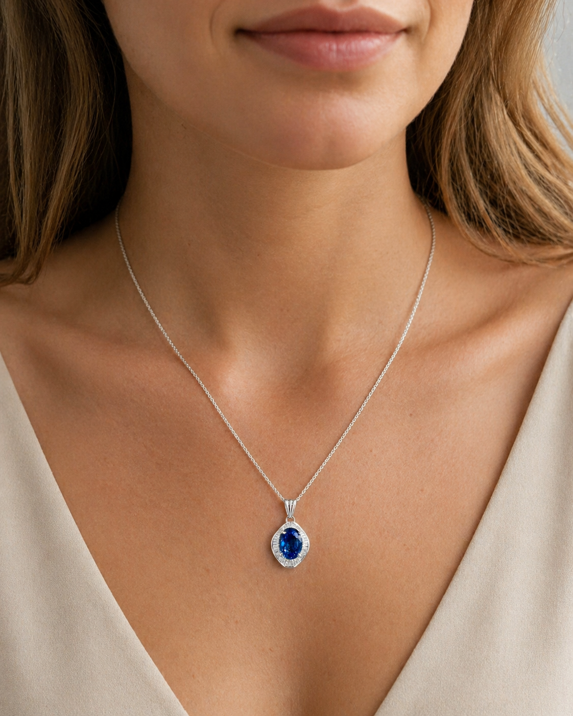 Natural Blue Cylon Sapphire and Diamond Halo Pendant Platinum