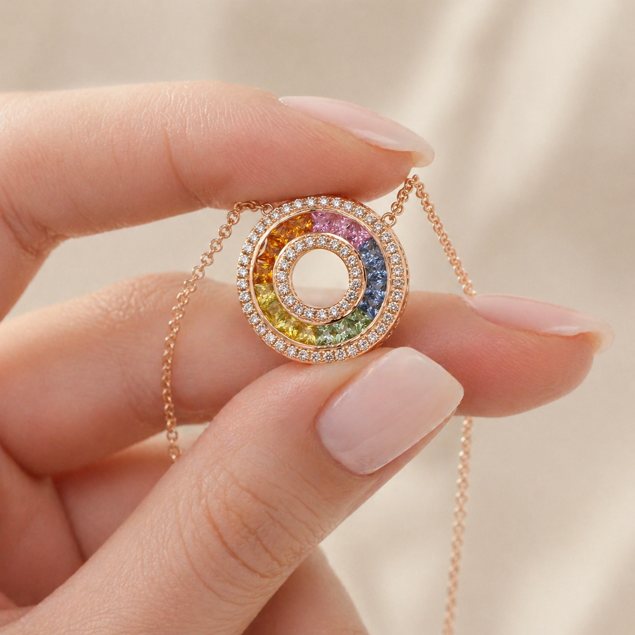 Natural Rainbow Sapphire and Diamond Round Cocktail Pendant 14KT Rose Gold