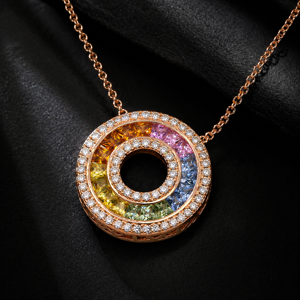 Natural Rainbow Sapphire and Diamond Round Cocktail Pendant 14KT Rose Gold