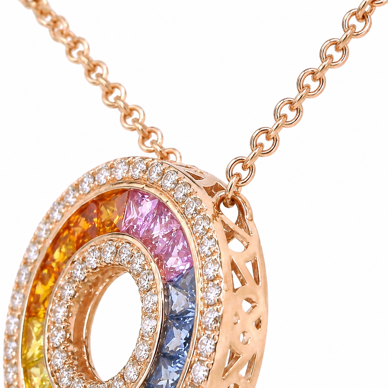 Natural Rainbow Sapphire and Diamond Round Cocktail Pendant 14KT Rose Gold