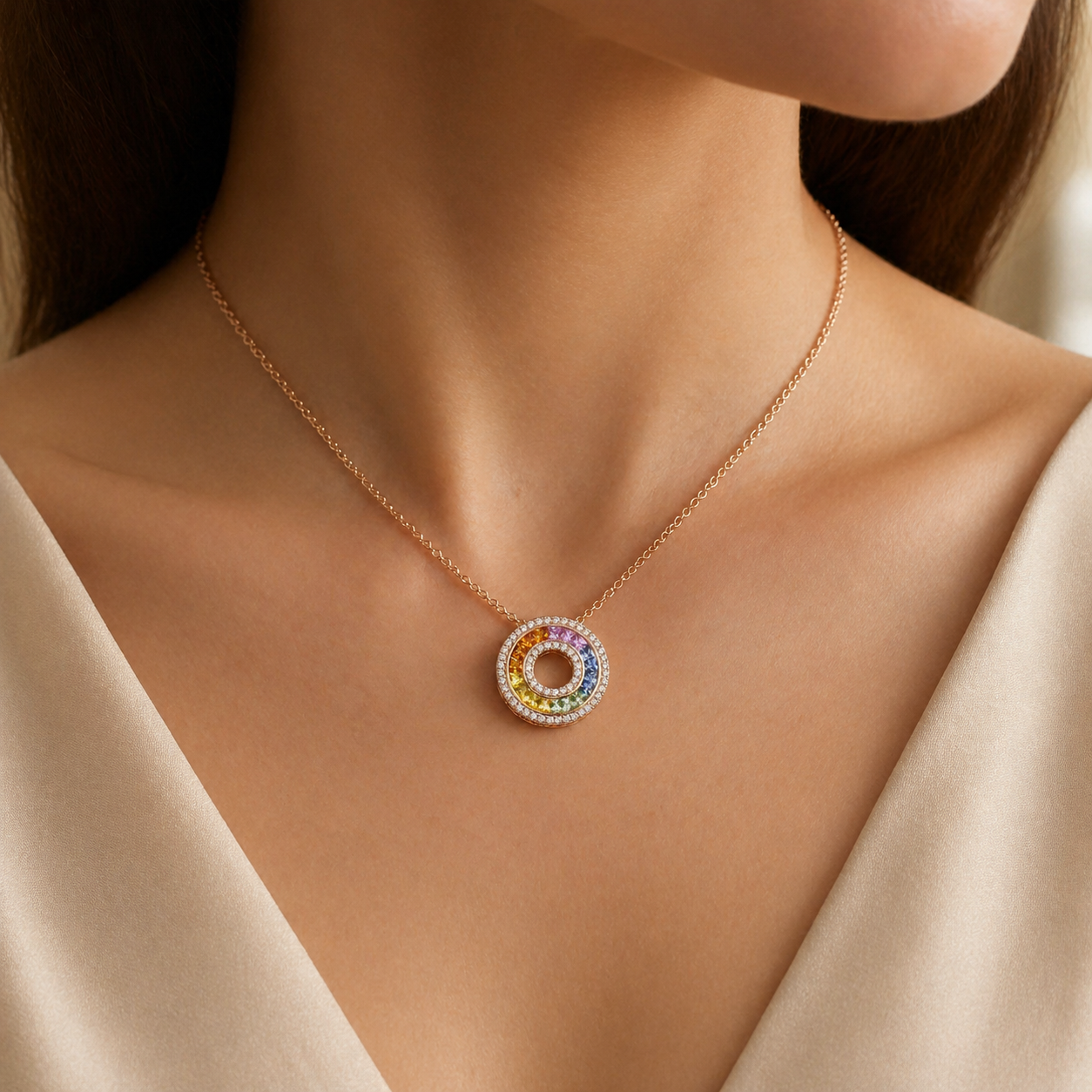 Natural Rainbow Sapphire and Diamond Round Cocktail Pendant 14KT Rose Gold