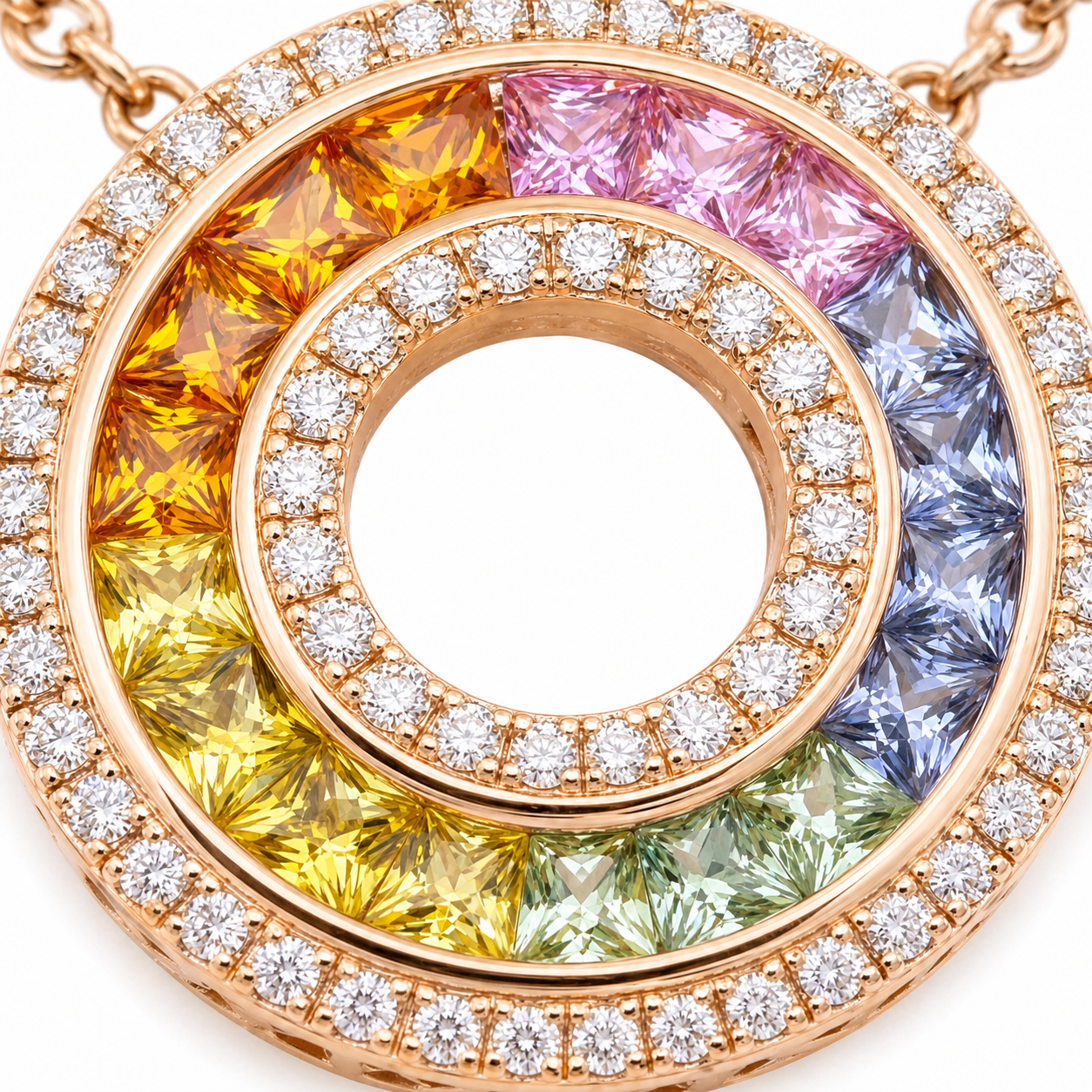 Natural Rainbow Sapphire and Diamond Round Cocktail Pendant 14KT Rose Gold
