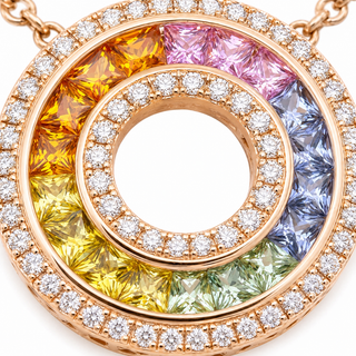Natural Rainbow Sapphire and Diamond Round Cocktail Pendant 14KT Rose Gold