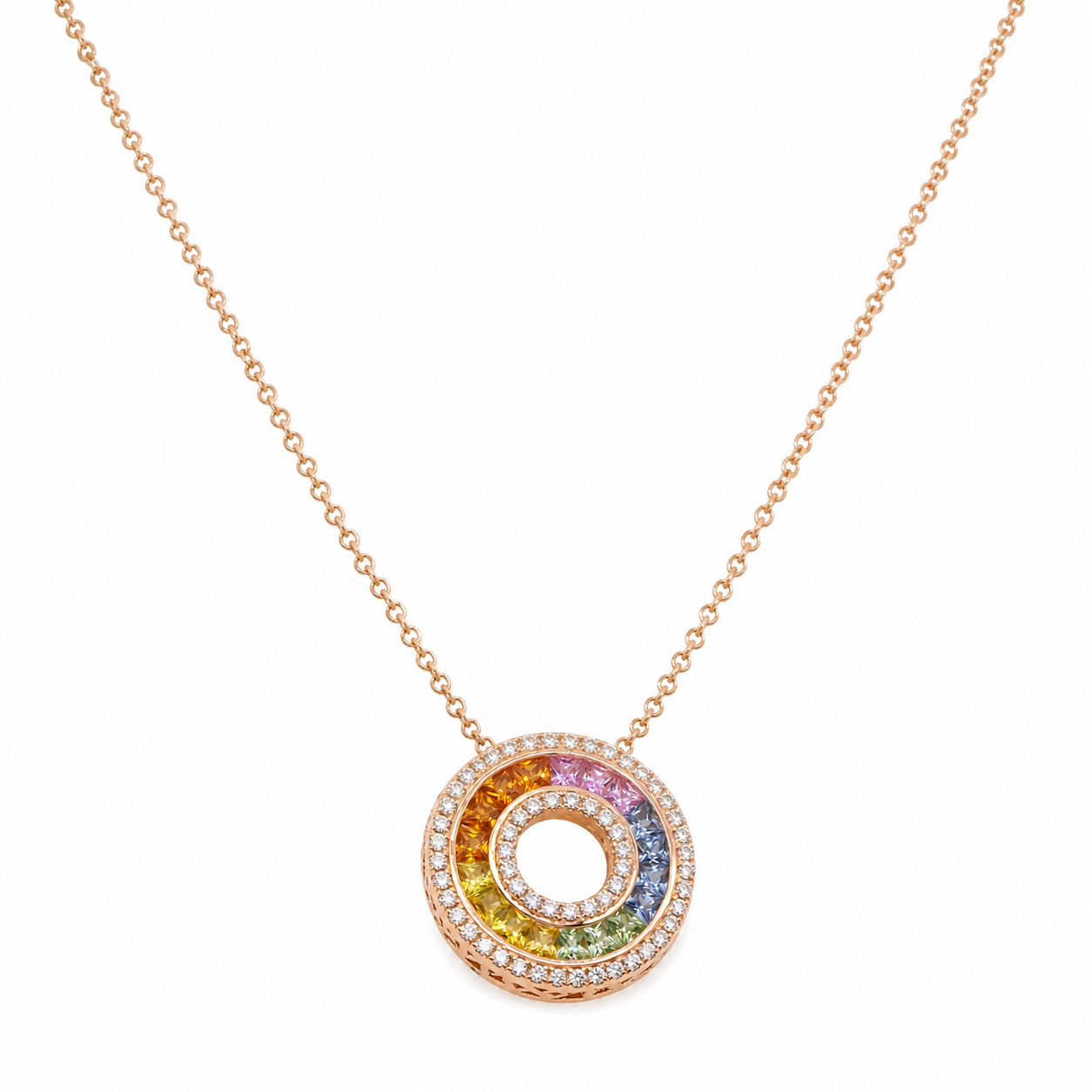 Natural Rainbow Sapphire and Diamond Round Cocktail Pendant 14KT Rose Gold