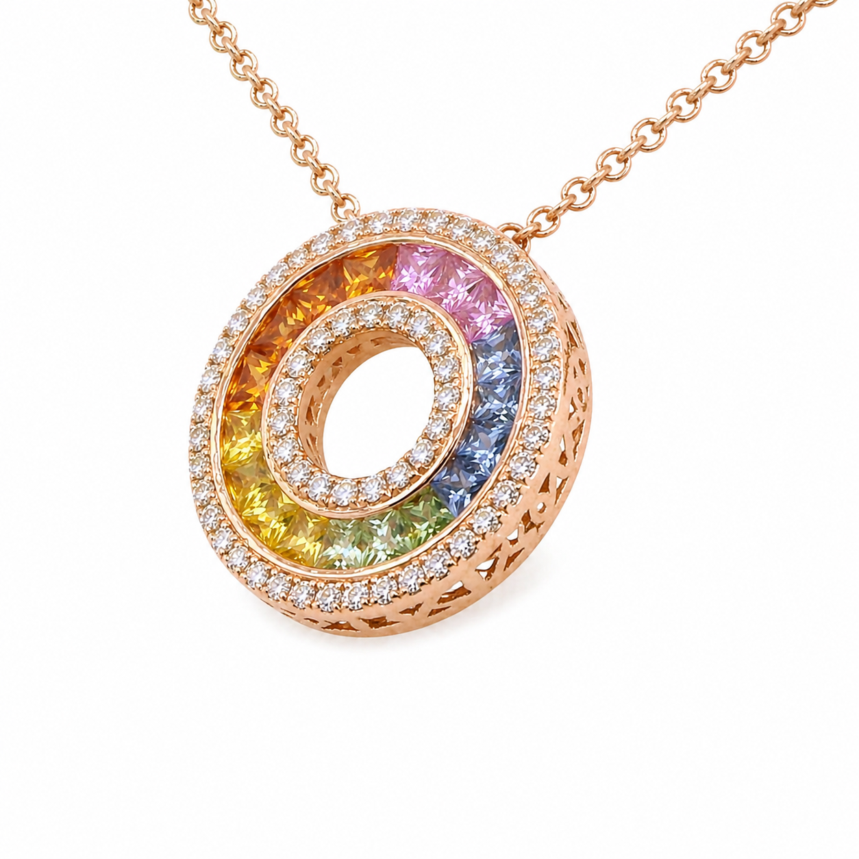 Natural Rainbow Sapphire and Diamond Round Cocktail Pendant 14KT Rose Gold