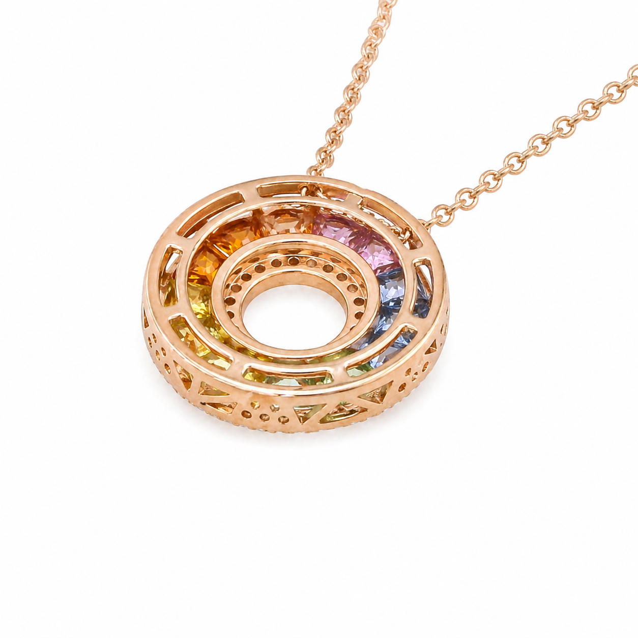 Natural Rainbow Sapphire and Diamond Round Cocktail Pendant 14KT Rose Gold