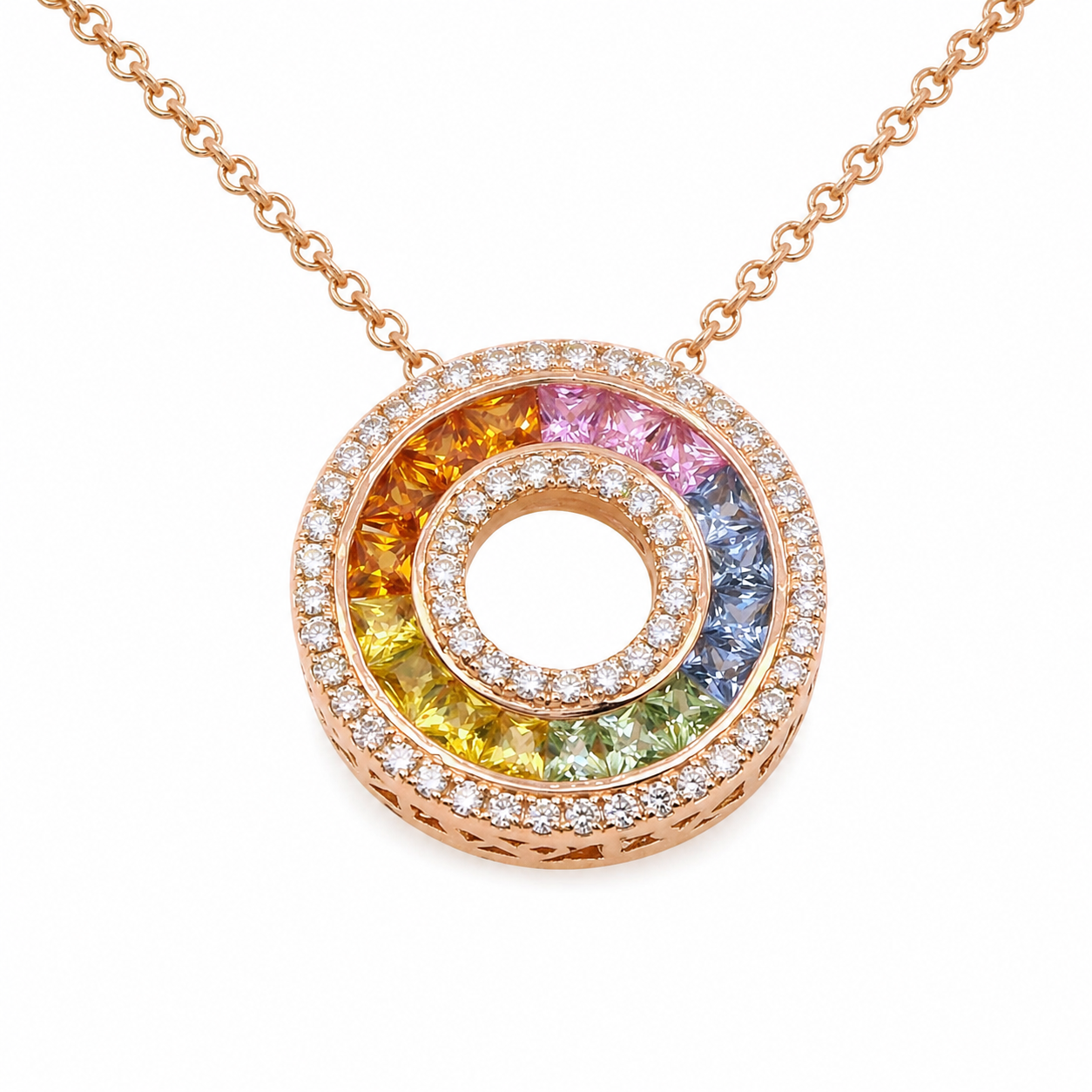 Natural Rainbow Sapphire and Diamond Round Cocktail Pendant 14KT Rose Gold
