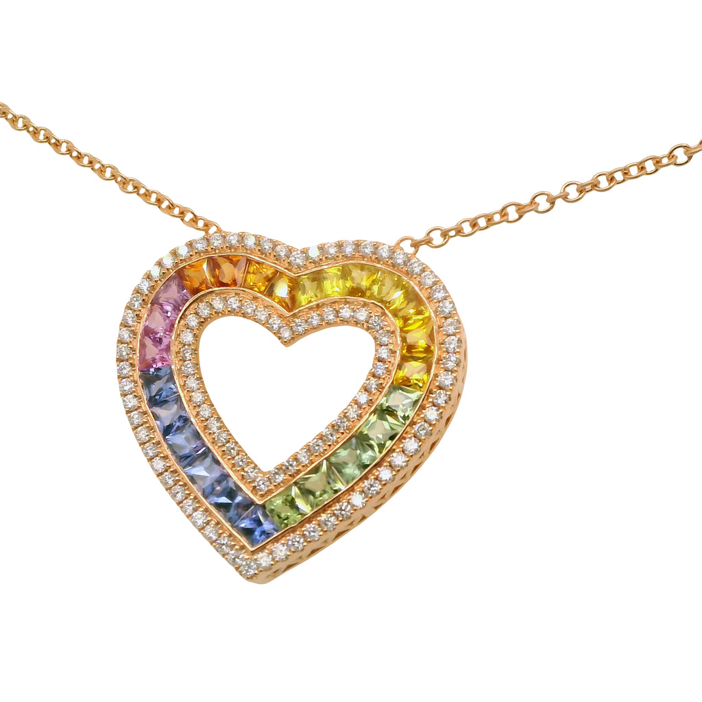 Muti-Colored Natural Sapphires and Diamonds Heart Shape Cocktail Pendant, in Rose Gold