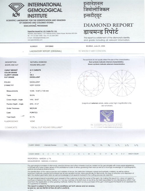 8.11 ct Diamond Round Cut J VS2 (IGI) S1F22652