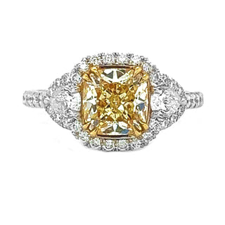 Natural Fancy Light Yellow Diamond Halo 3 Stone Ring, in White Gold