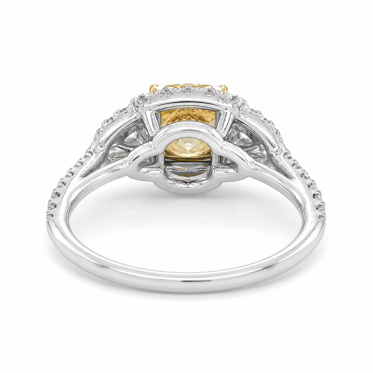 Natural Fancy Light Yellow Diamond Halo 3 Stone Ring 18KT White Gold
