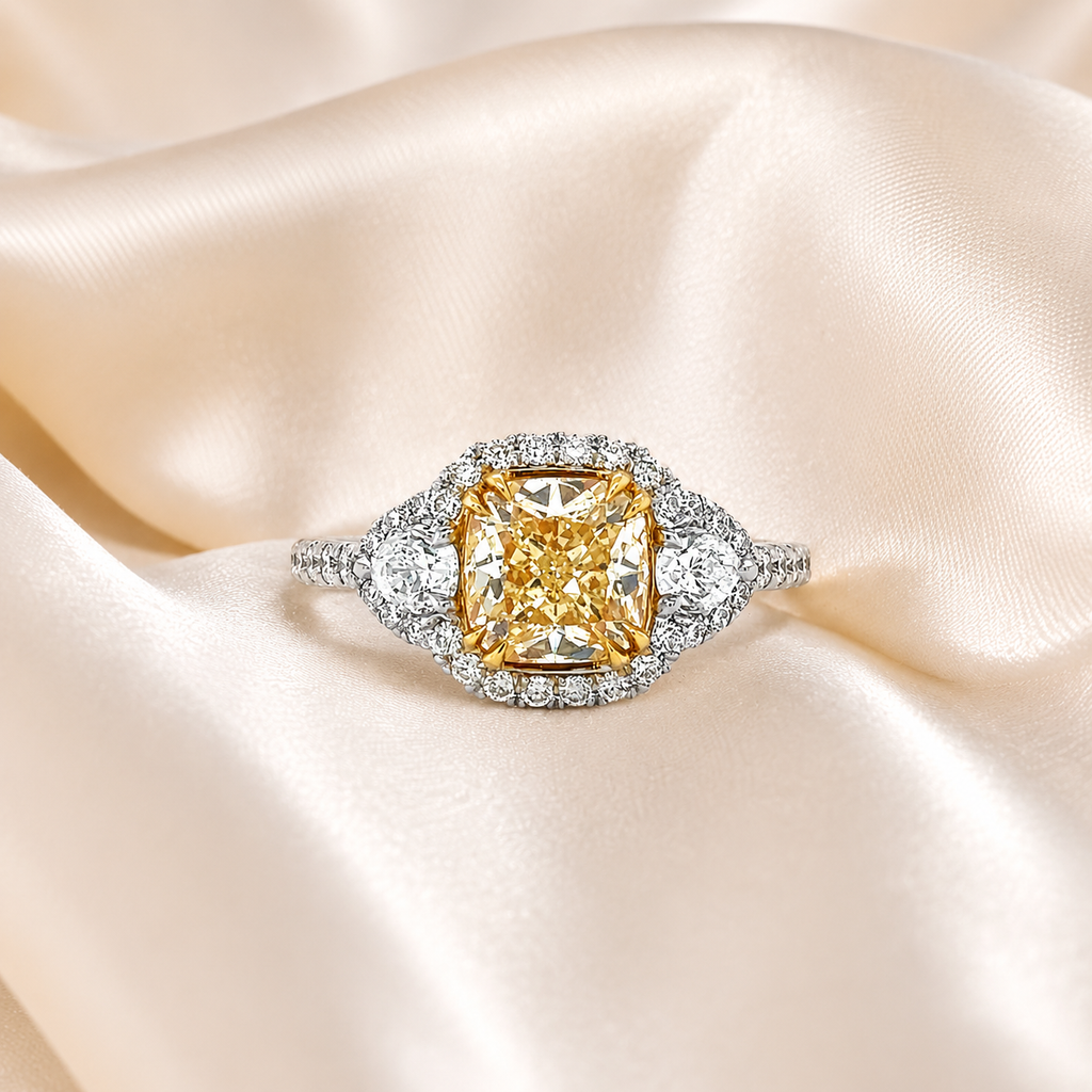 Natural Fancy Light Yellow Diamond Halo 3 Stone Ring 18KT White Gold