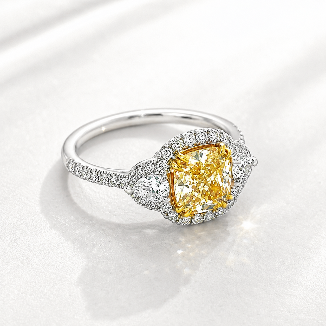 Natural Fancy Light Yellow Diamond Halo 3 Stone Ring 18KT White Gold