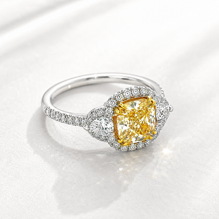 Natural Fancy Light Yellow Diamond Halo 3 Stone Ring 18KT White Gold