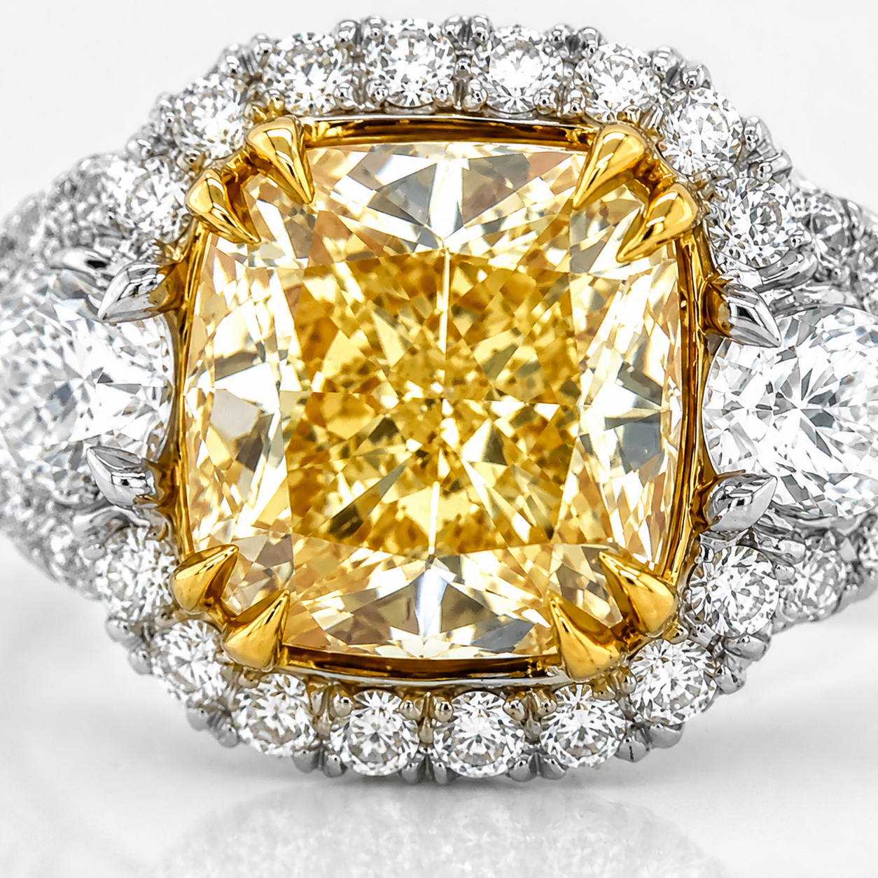 Natural Fancy Light Yellow Diamond Halo 3 Stone Ring 18KT White Gold