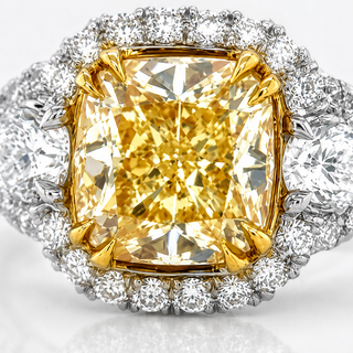 Natural Fancy Light Yellow Diamond Halo 3 Stone Ring 18KT White Gold