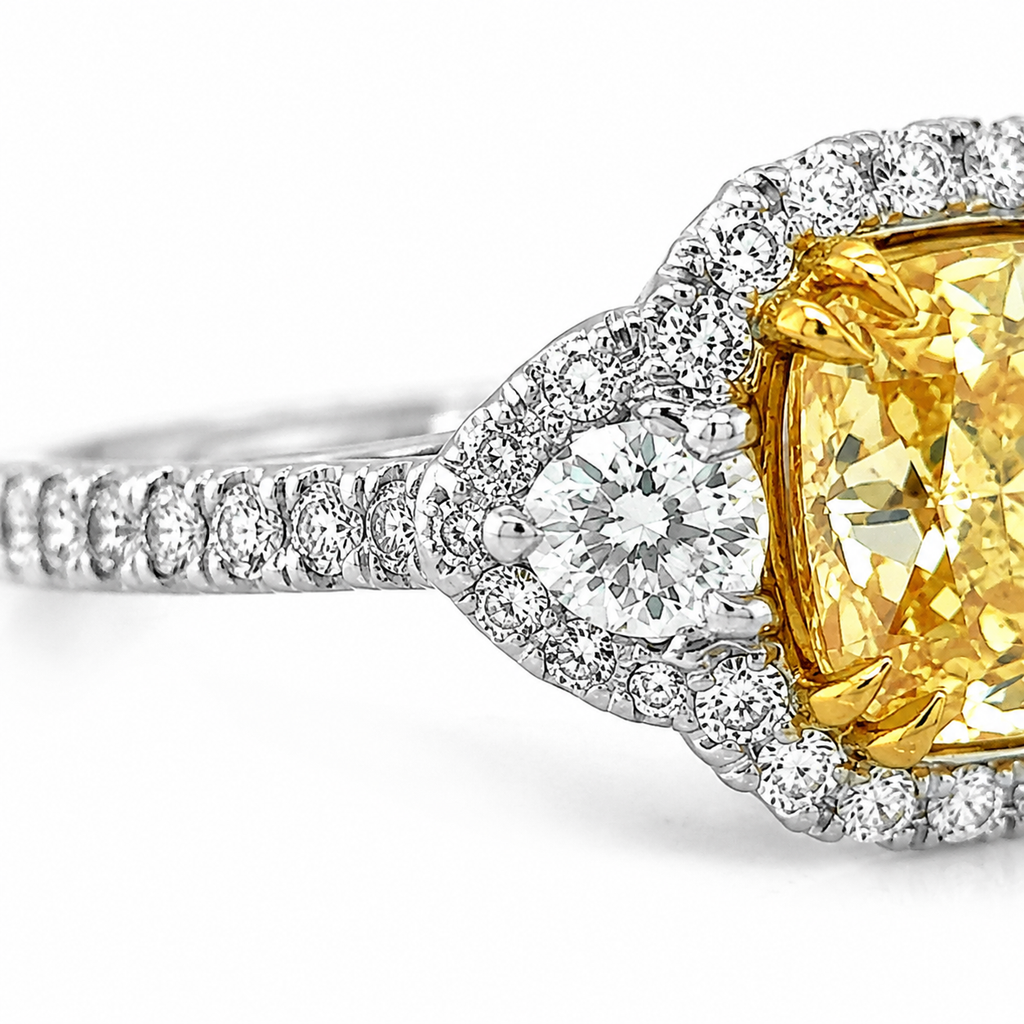 Natural Fancy Light Yellow Diamond Halo 3 Stone Ring 18KT White Gold