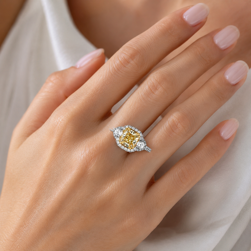 Natural Fancy Light Yellow Diamond Halo 3 Stone Ring 18KT White Gold