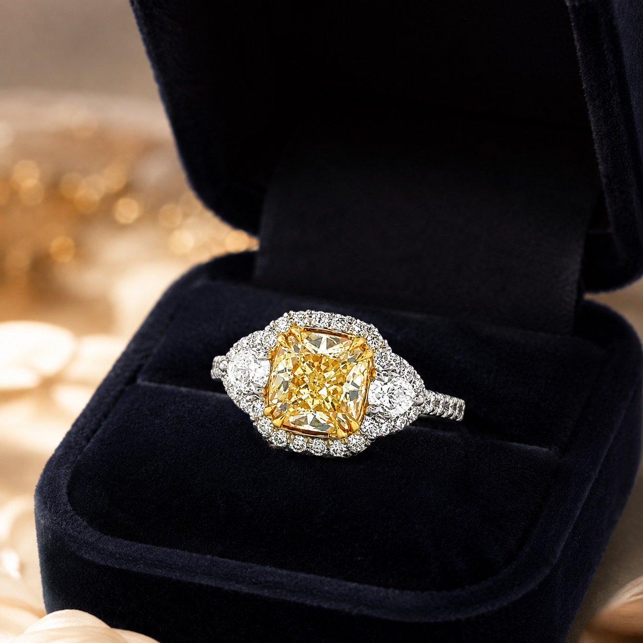 Natural Fancy Light Yellow Diamond Halo 3 Stone Ring 18KT White Gold
