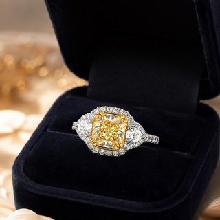 Natural Fancy Light Yellow Diamond Halo 3 Stone Ring 18KT White Gold