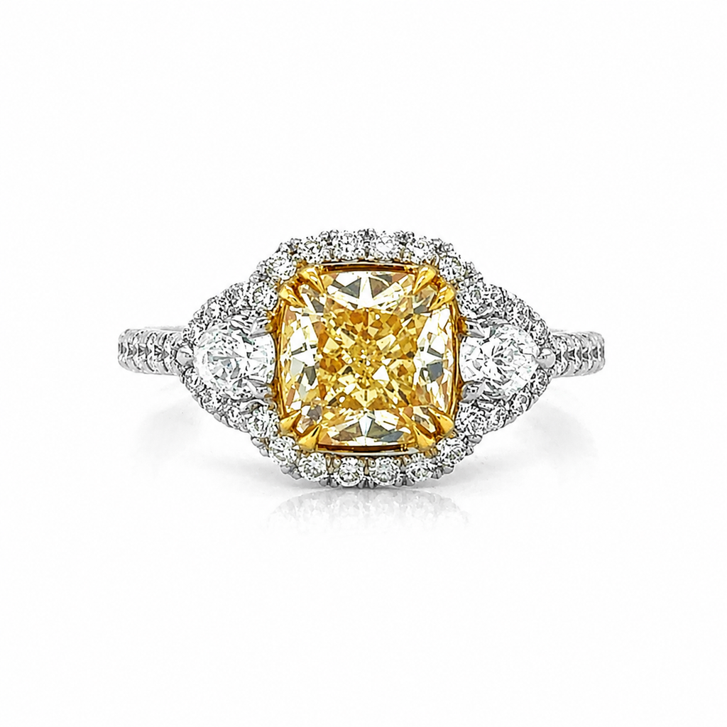 Natural Fancy Light Yellow Diamond Halo 3 Stone Ring 18KT White Gold
