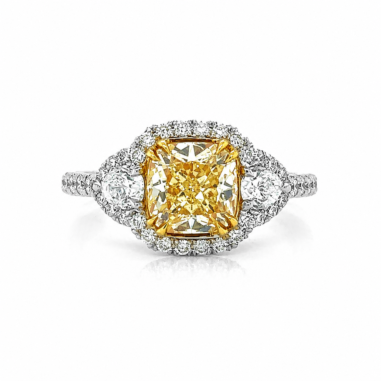 Natural Fancy Light Yellow Diamond Halo 3 Stone Ring 18KT White Gold