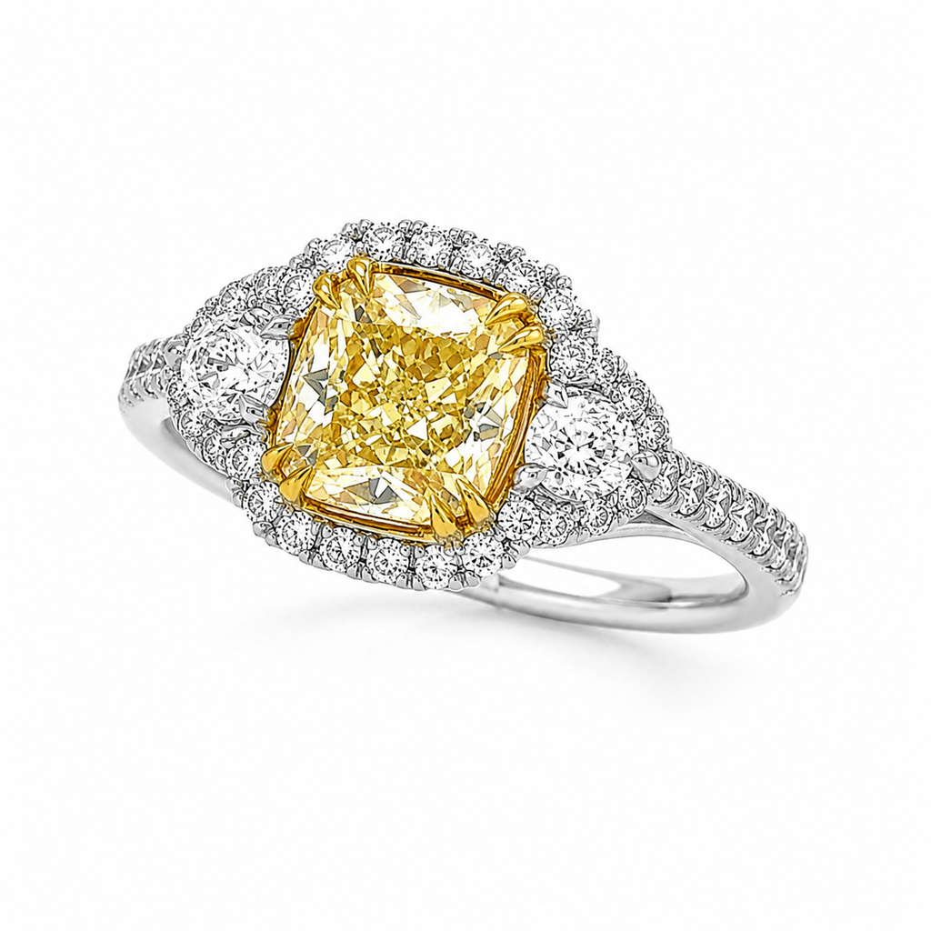 Natural Fancy Light Yellow Diamond Halo 3 Stone Ring 18KT White Gold