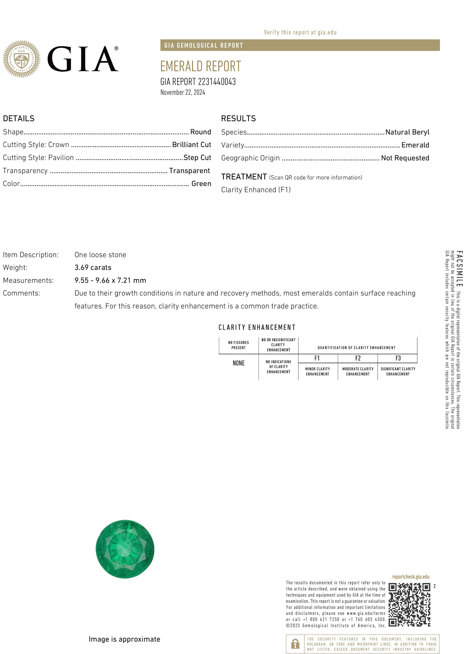 3.69 Carat Round Cut F1 Zambian Emerald GIA 2231440043