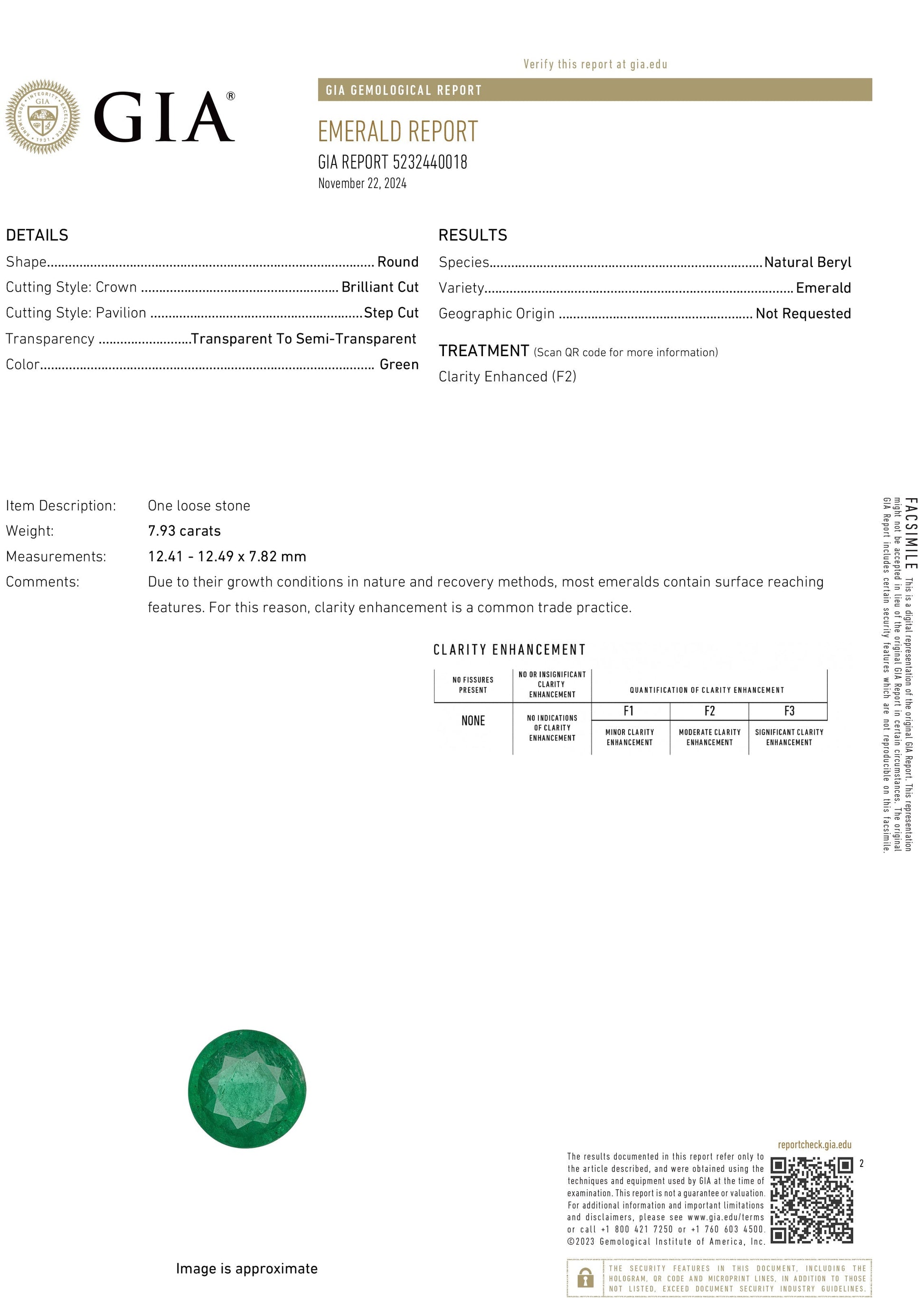 7.93 Carat Round Cut F2 Zambian Emerald GIA 5232440018