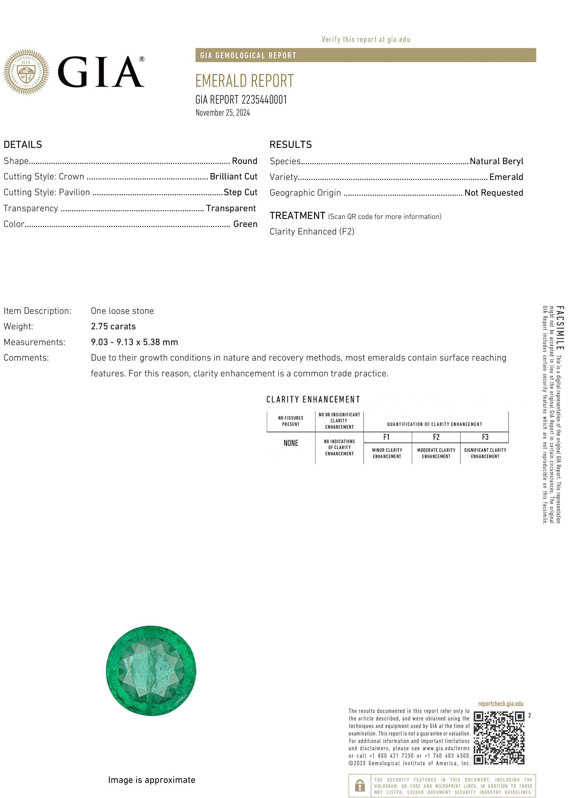2.75 Carat Round Cut F2 Zambian Emerald GIA 2235440001