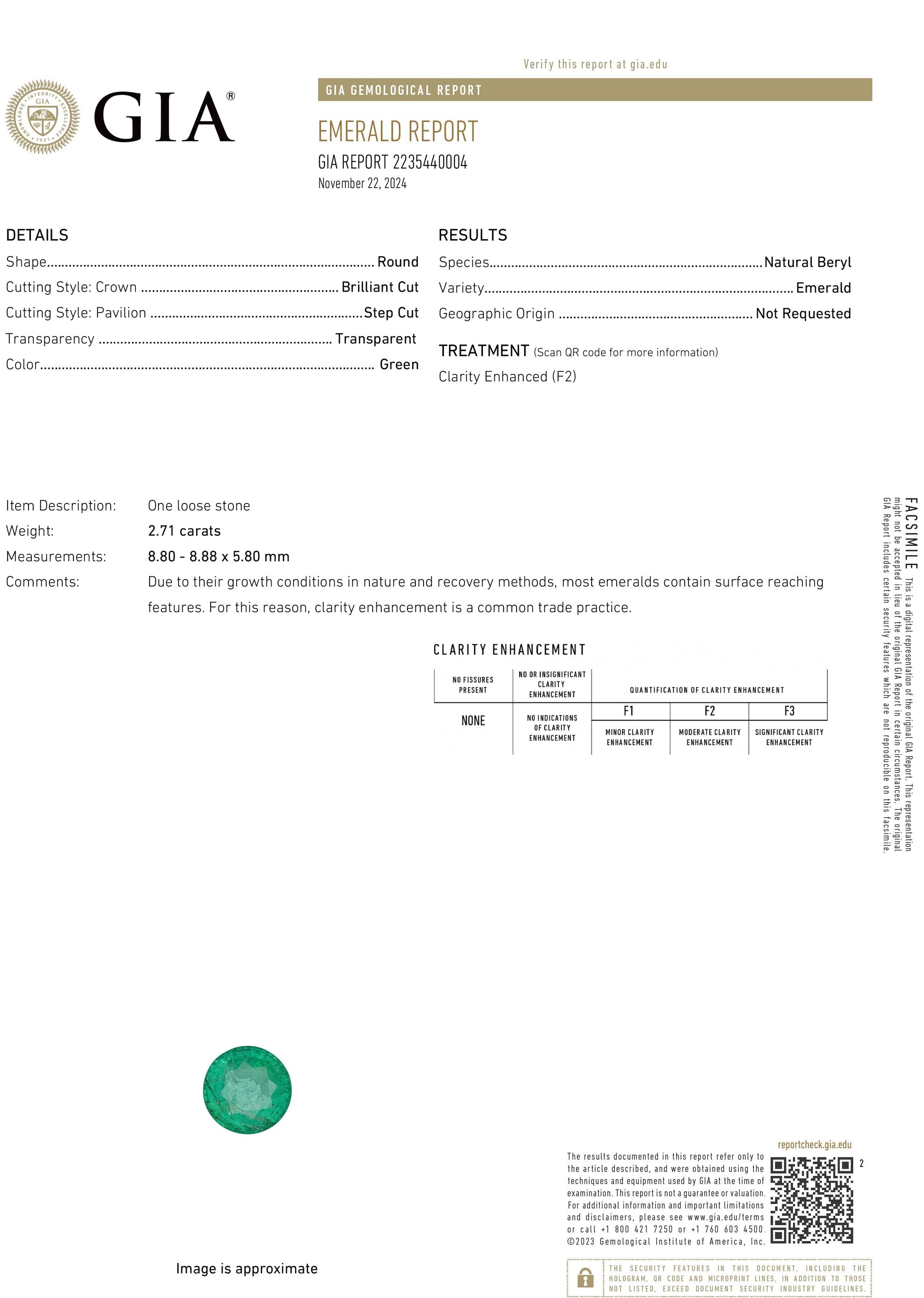 2.71Carat Round Cut F2 Zambian Emerald GIA 2235440004