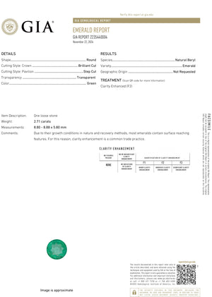 2.71Carat Round Cut F2 Zambian Emerald GIA 2235440004