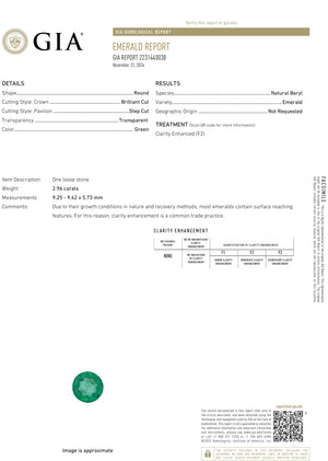 2.96 Carat Round Cut F2 Zambian Emerald GIA 2231440038